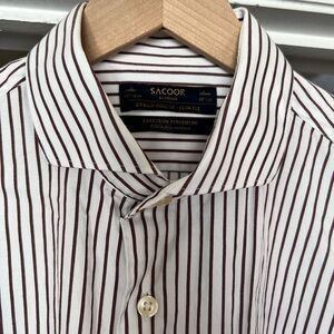 White and Brown Striped Dress Shirt / Size 15.5 / 100% Cotton / Spread Collar